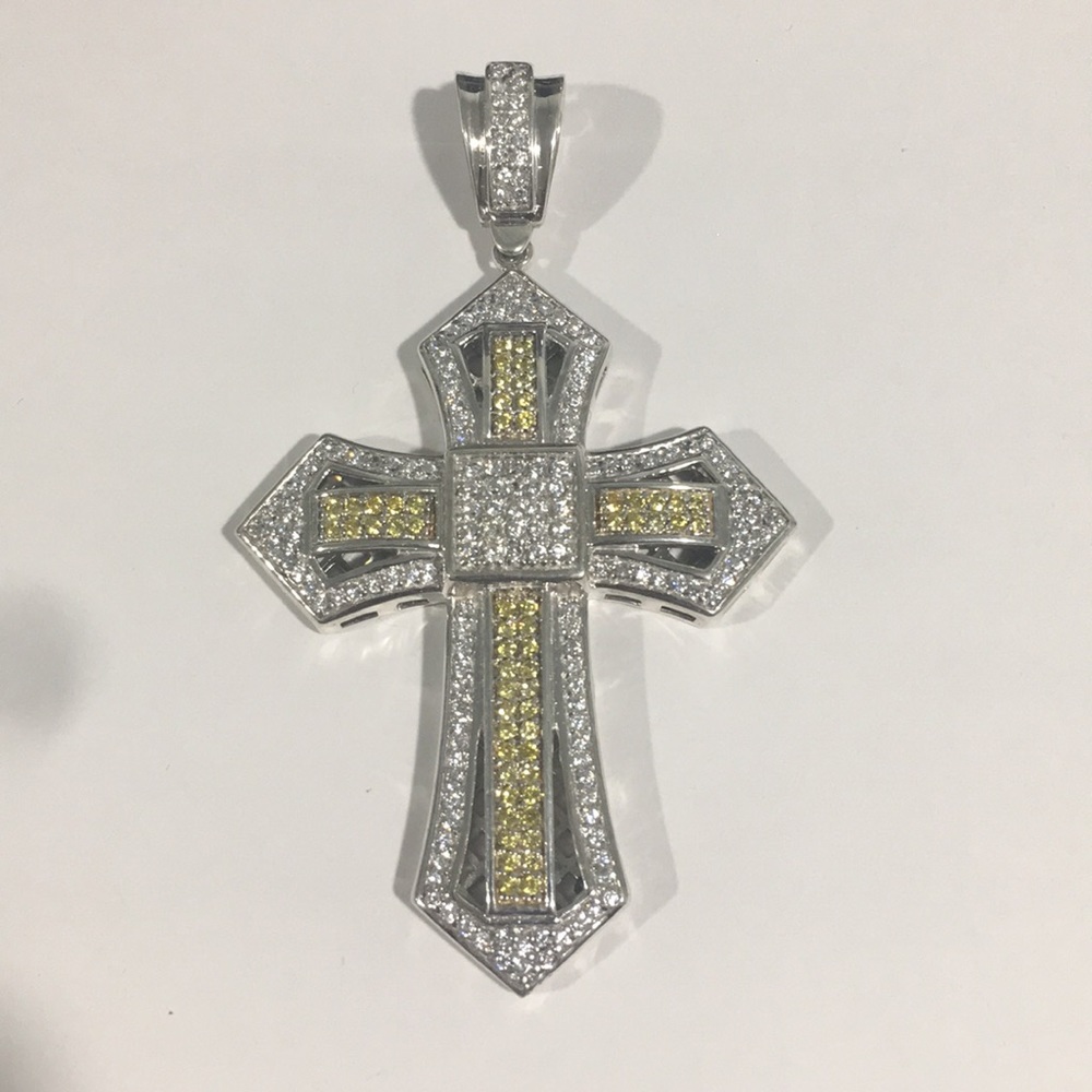 Large Silver Cross With Yellow & White Stones 💎